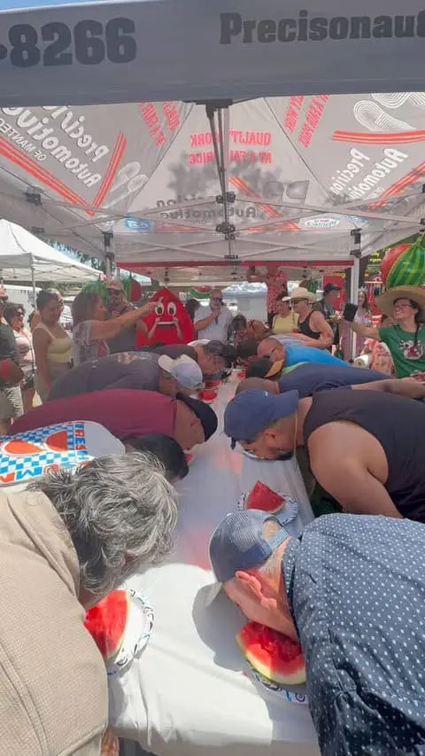 A row of festival participants leaning forward over tables during a watermelon eating competition.