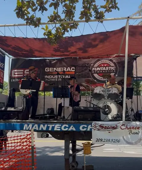 A live music stage with a band playing.