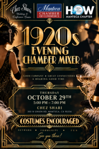Join us for an Evening Mixer hosted by Helping One Woman – Manteca Chapter & Chez Shari

Thursday, October 29, 2026

5:00pm- 7:00pm

305 N. Union Rd, Manteca, CA 95336