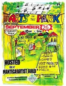 Colorful hand-drawn flyer for Arts in the Park, happening Saturday, September 26, from 10 AM–5 PM at Library Park. The event features music, dance, games, art projects, MAC artists and artisans, and more. Free to the public and hosted by the Manteca Artist Guild, with Manteca Recreation and Community Services.