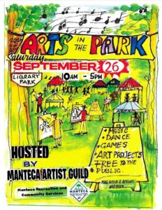 Colorful hand-drawn flyer for Arts in the Park, happening Saturday, September 26, from 10 AM–5 PM at Library Park. The event features music, dance, games, art projects, MAC artists and artisans, and more. Free to the public and hosted by the Manteca Artist Guild, with Manteca Recreation and Community Services.